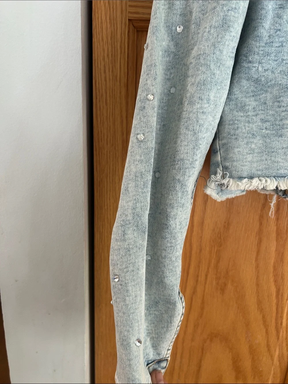 Light Blue Distressed Cropped Denim Jacket - Women